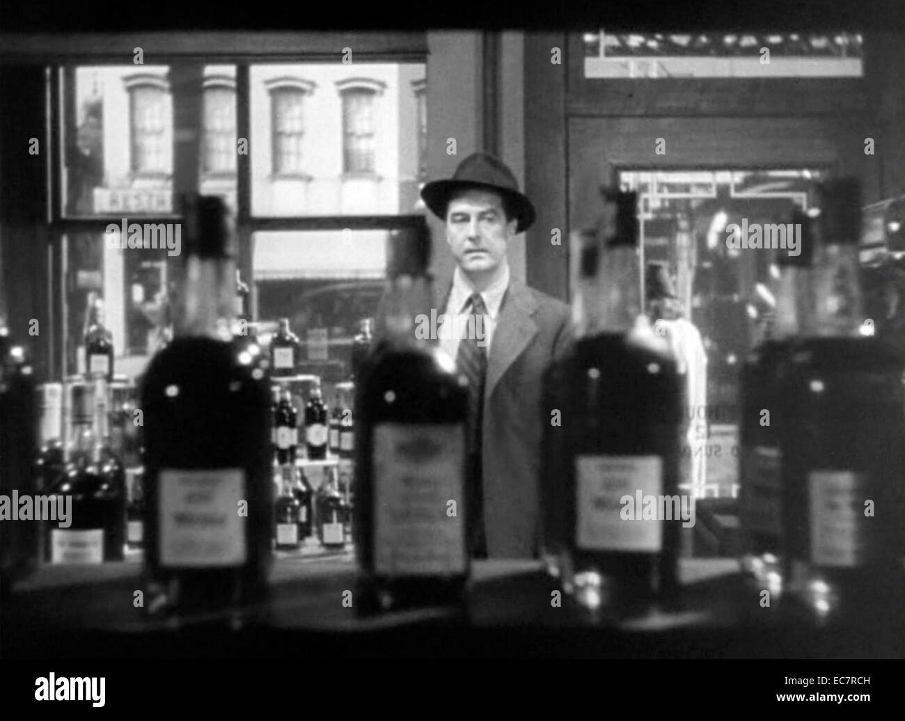 The Lost Weekend is a 1945 American drama film starring Ray Milland and Jane Wyman. Directed by Billy Wilder and based on Charles Jackson's novel of the same name it tells the story of an alcoholic writer. The film appears on The National Film Registry of the Library of Congress. Stock Photo