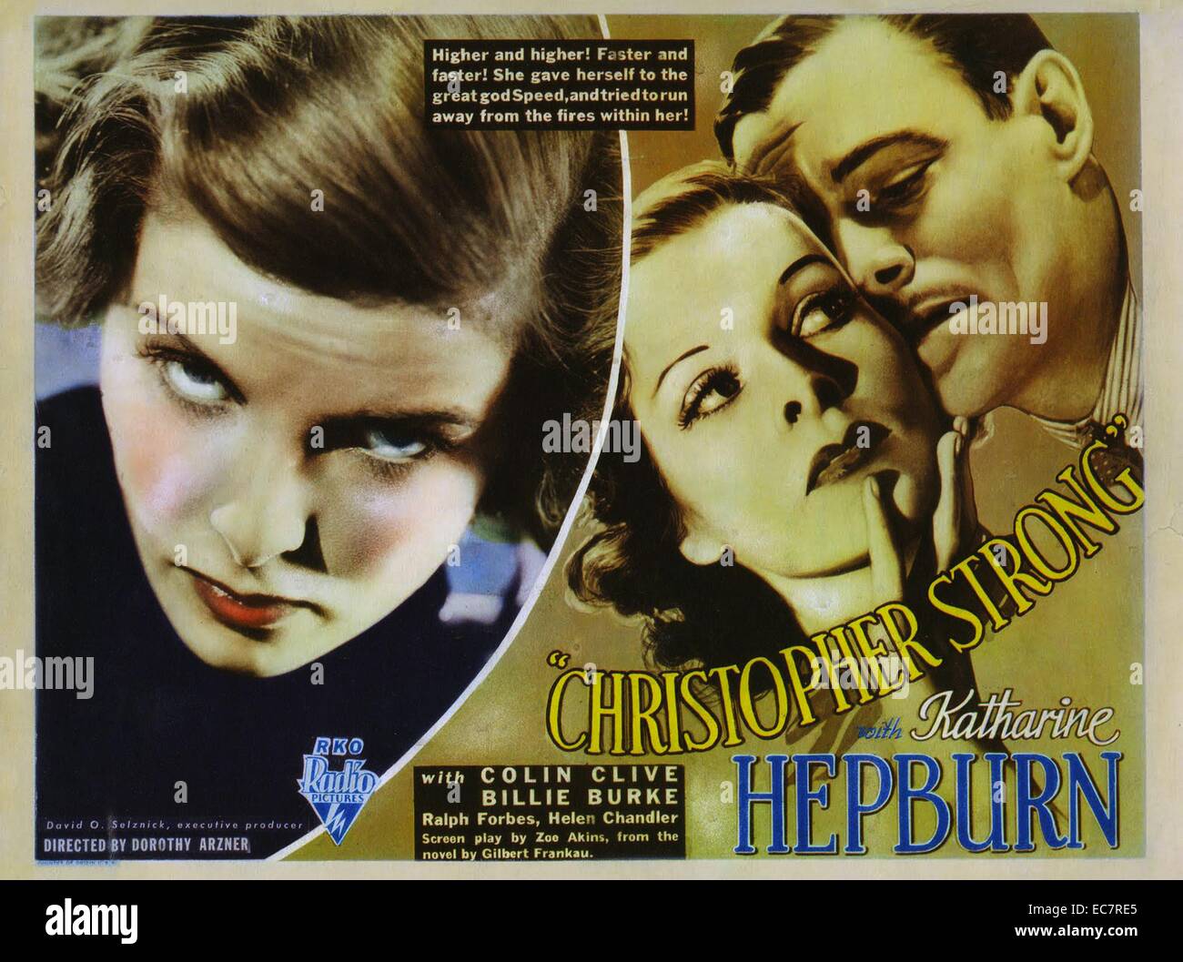 Christopher Strong is a 1933 film directed by Dorothy Arzner that tells the story of illicit love among the English aristocracy. Starring Katharine Hepburn it was the only time she ever played 'the other woman'. Also starring Colin Clive and Helen Chandler. Stock Photo