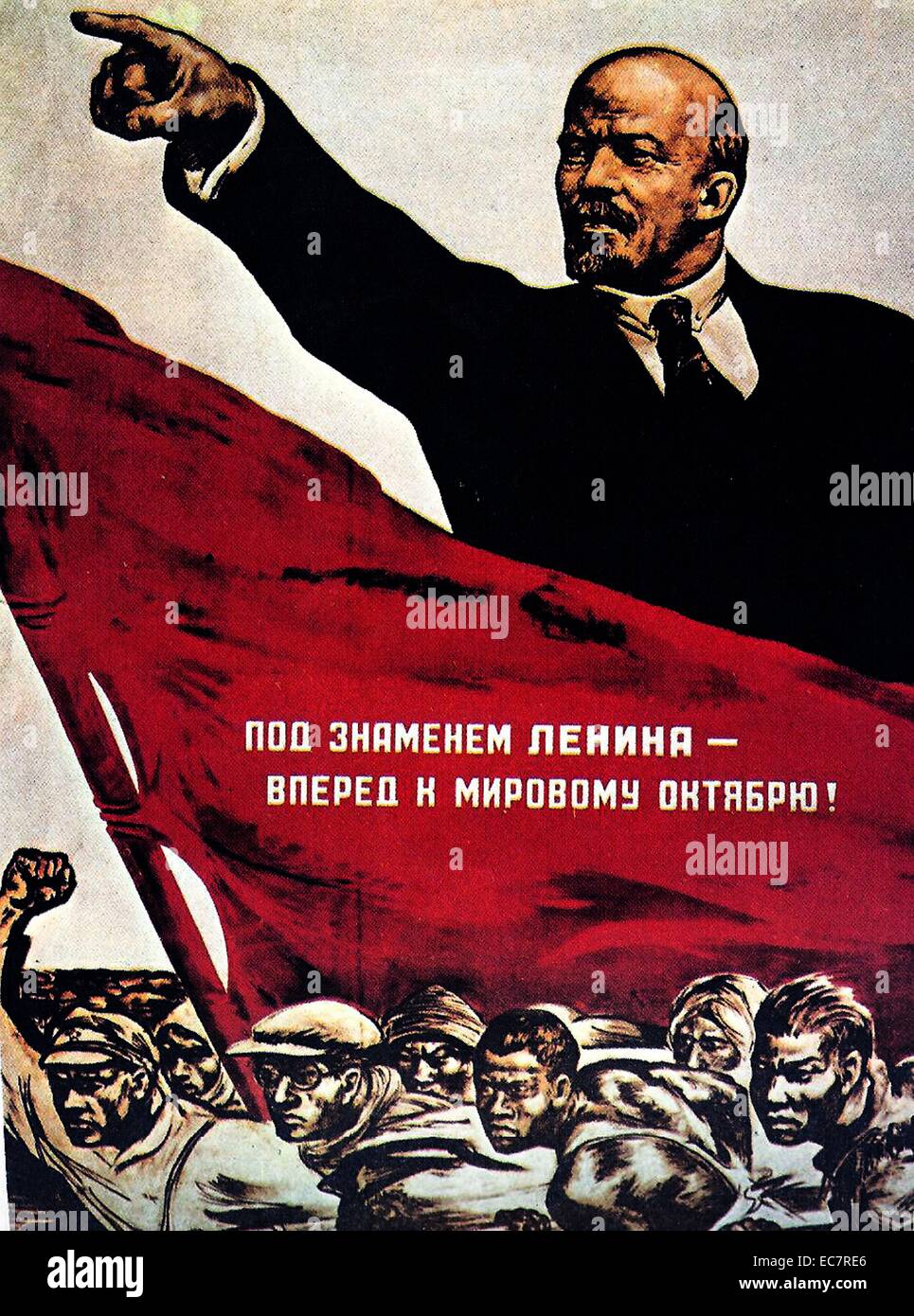 Russian Propaganda from the Bolshevik era showing Lenin pointing. The Bolsheviks became the Communist Party of the Soviet Union and considered themselves the leaders of the revolutionary working class of Russia. Stock Photo