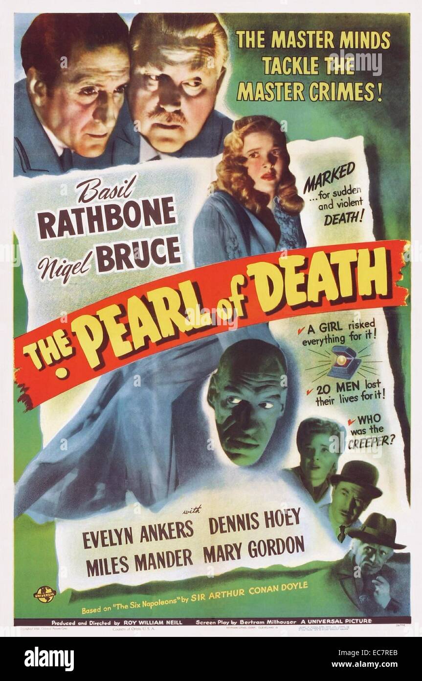 The Pearl of Death is a 1944 Sherlock Holmes film starring Basil Rathbone and Nigel Bruce. The story is loosely based on Conan Doyle's short story 'The Adventure of the Six Napoleons'. Stock Photo
