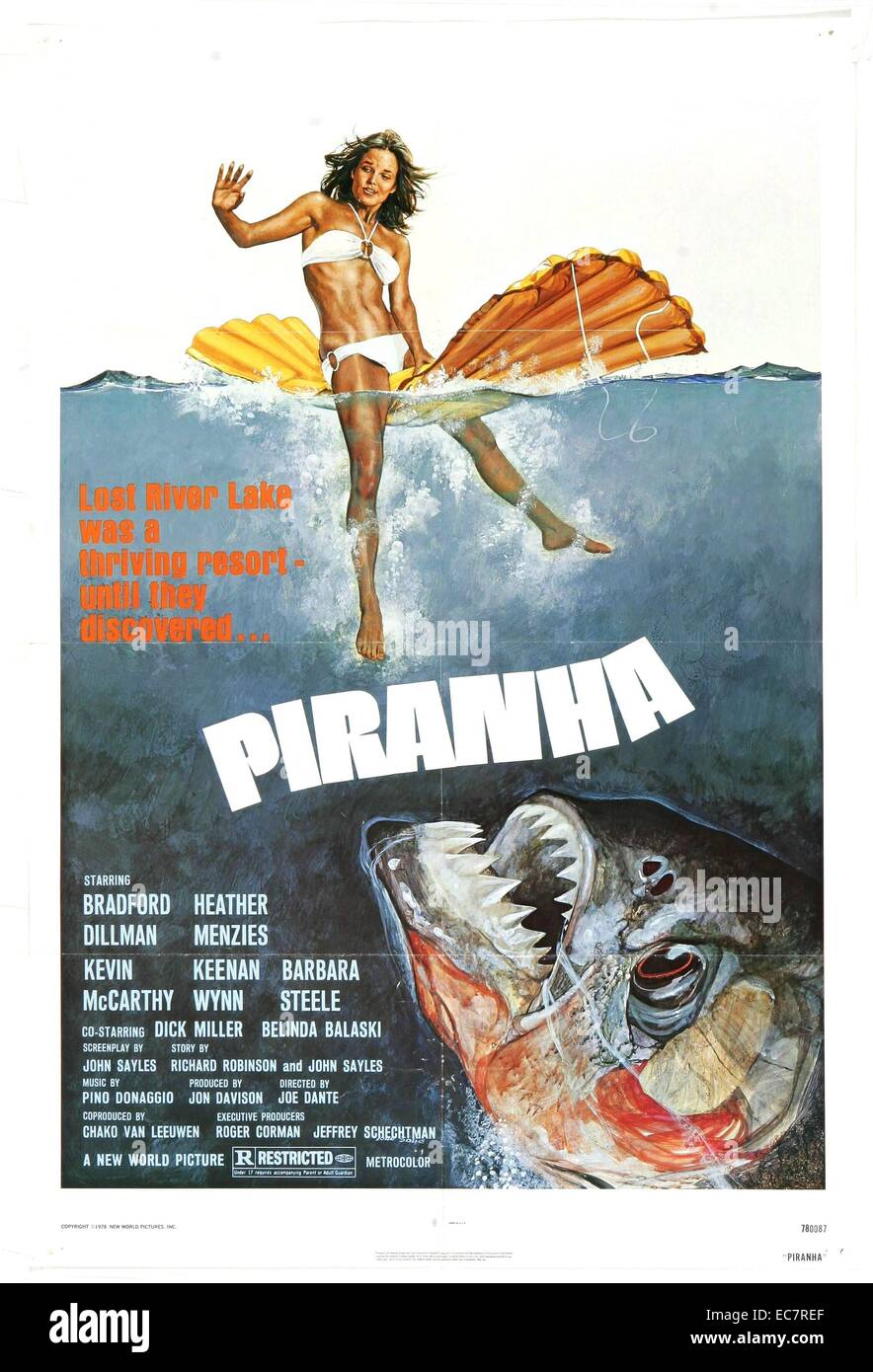 Piranha is a 1978 American B movie about a swarm of killer piranhas. It was directed by Joe Dante and starred Bradford Dillman, Heather Menzies. The film is a parody of the 1975 film Jaws and inspired a whole range of movies with a similar theme. Stock Photo
