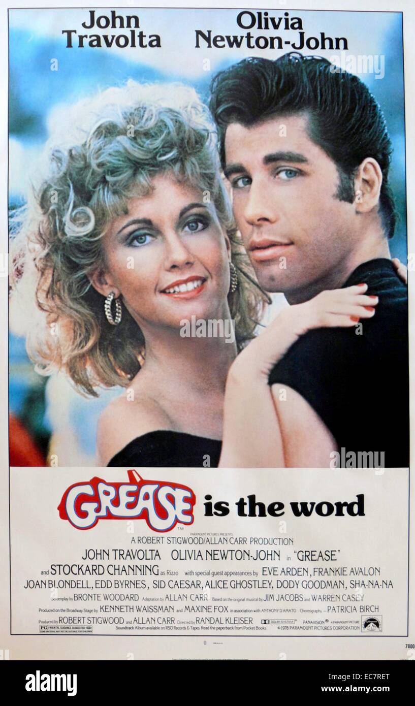 Grease is a 1978 American musical film directed by Randal Kleiser. It is based on Warren Casey and Jim Jacobs' 1971 musical of the same name about two lovers in a 1950s high school. The film stars John Travolta and Olivia Newton-John. Stock Photo
