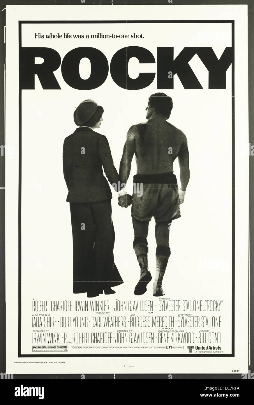 Rocky is a 1976 American sports film directed by John G. Avildsen and both written by and starring Sylvester Stallone. It tells the rags to riches American Dream story of Rocky Balboa, an uneducated but kind-hearted debt collector for a loan shark in the city of Philadelphia who gets a shot at the world heavyweight championship. Stock Photo