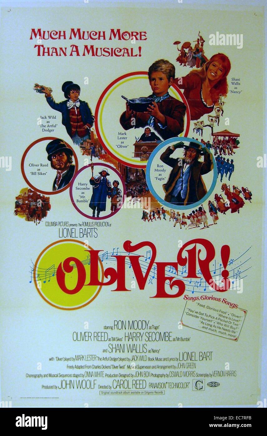 Oliver! is a 1968 British musical drama film directed by Carol Reed and based on the stage musical of the same name. The screenplay was written by Vernon Harris. Both the film and play are based on Charles Dickens' novel Oliver Twist. Stock Photo