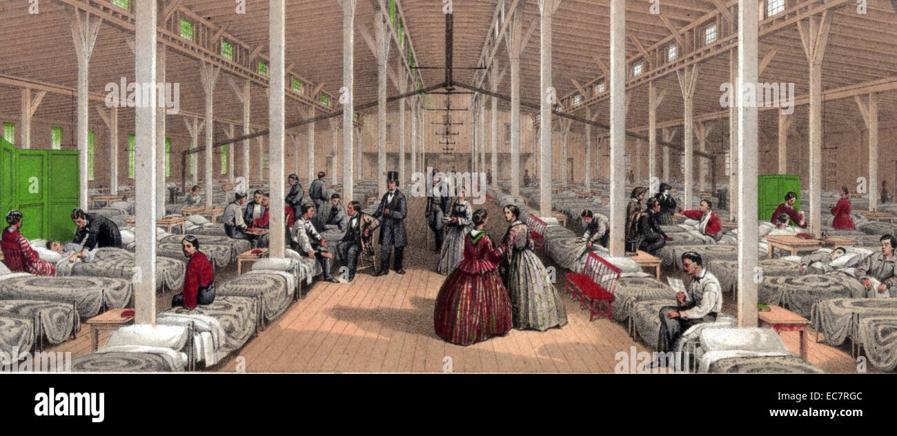 Hospital ward during the American Civil war, showing nurses, doctors and patients. 1862 Stock Photo
