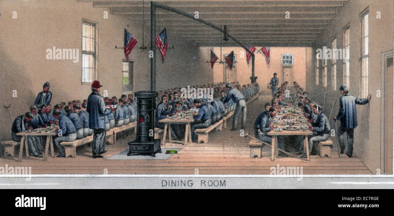 Hospital dining hall during the American Civil war, showing nurses, doctors and patients. 1862 Stock Photo