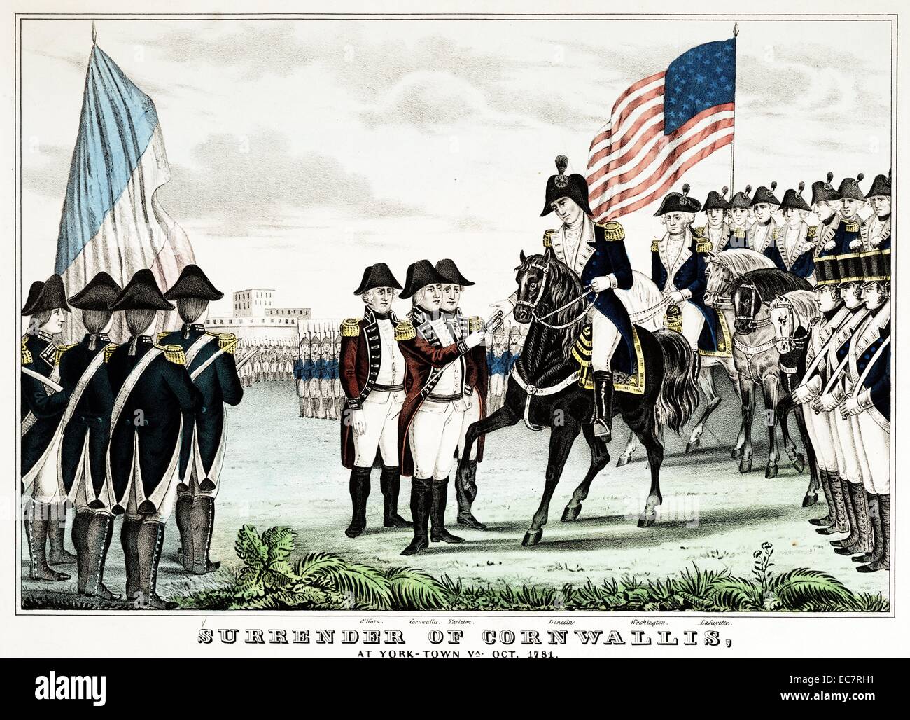 Surrender of General Cornwallis; at York-Town Virginia; USA in 1781. Creator N. Currier c1846. Print shows Major General