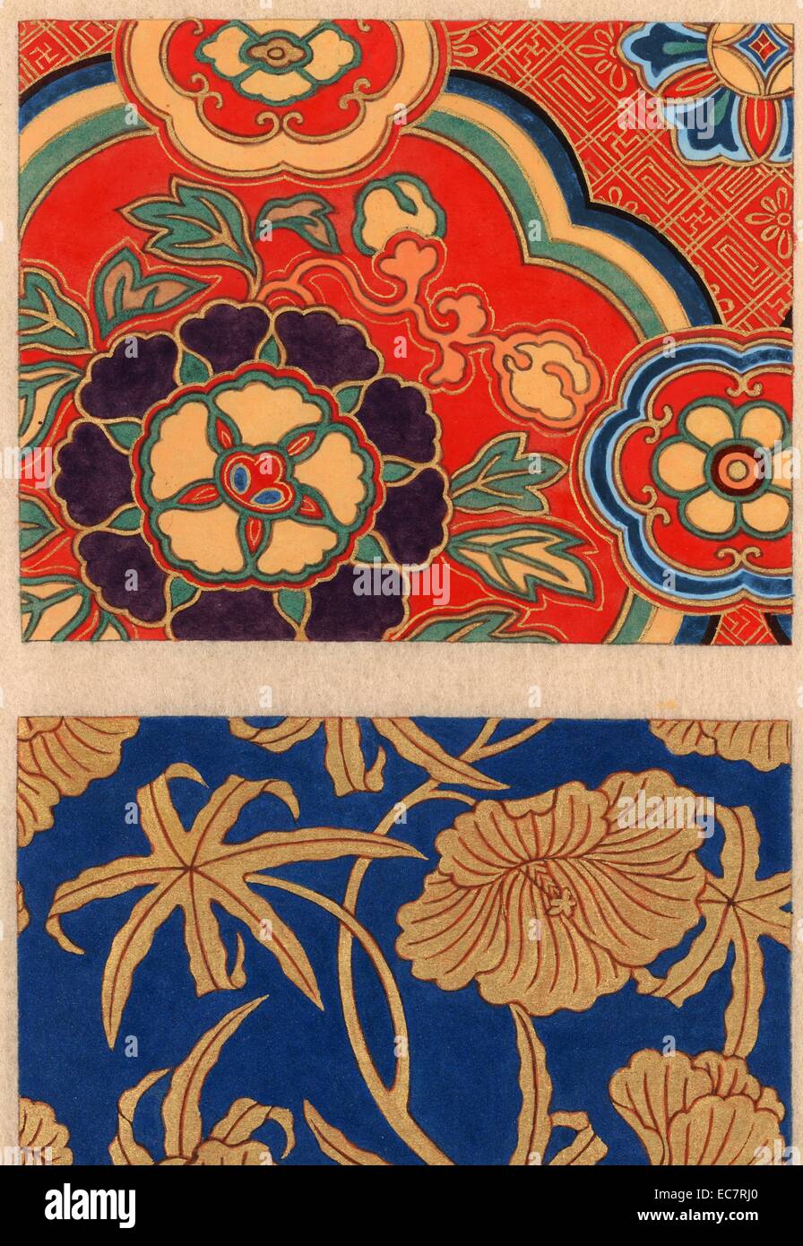 Kara nishiki (Chinese brocade) with red background] [Kinran (gold brocade) with hollyhock on blue background] Stock Photo