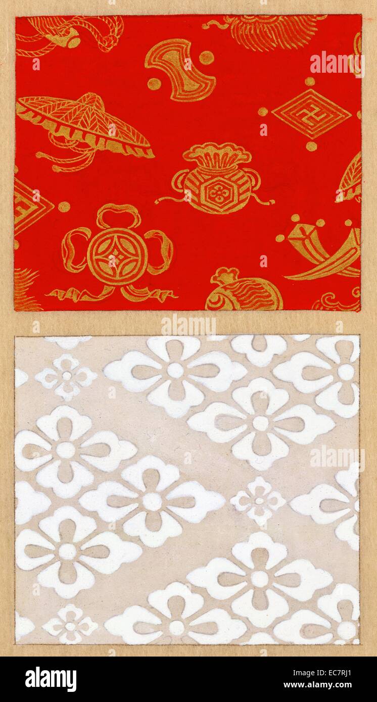 Akaki kinran (gold brocade with red background)] [Shiro aya (white twill weaves; also known as Chinese twill weaves)] Stock Photo