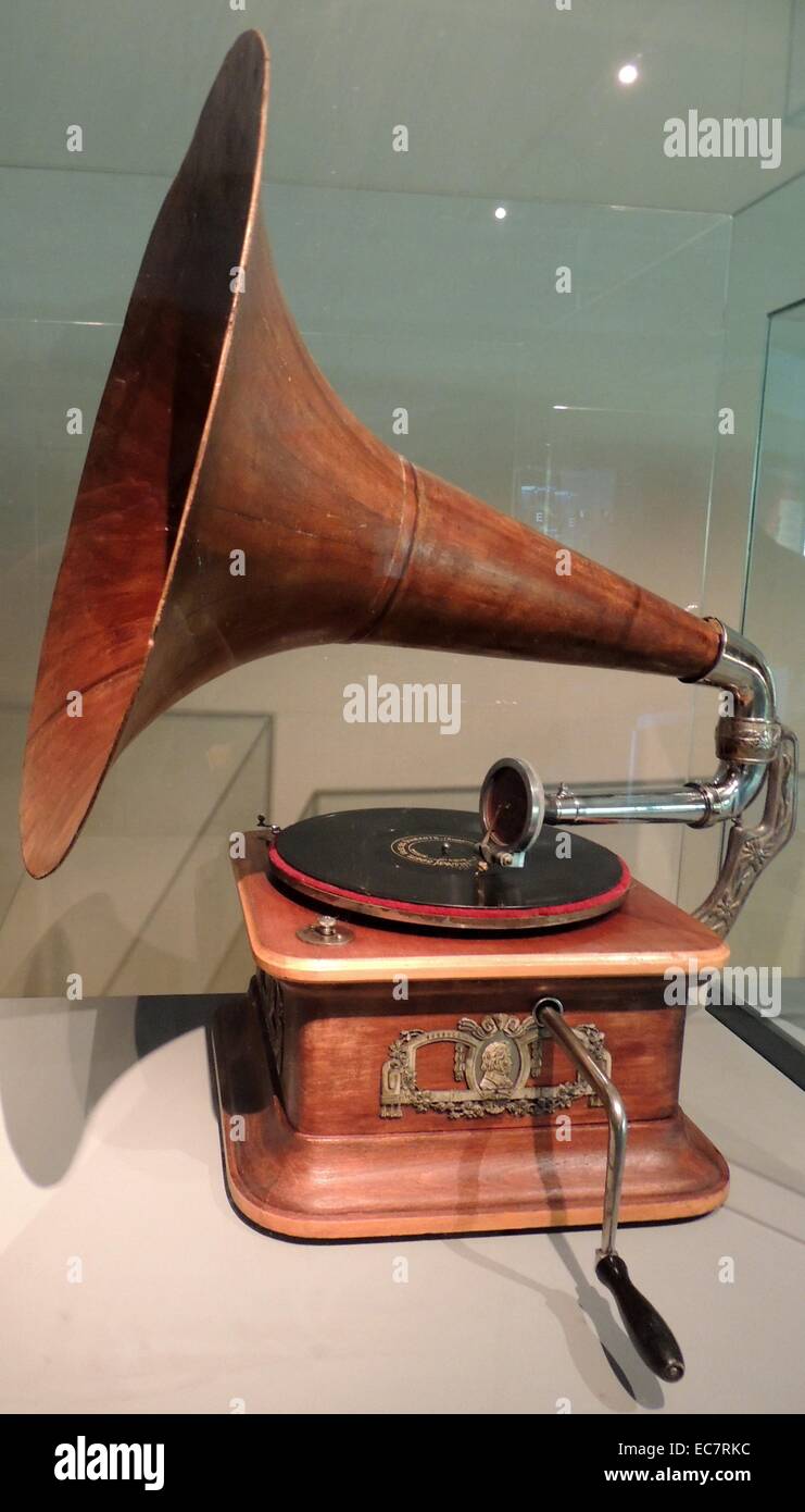 The Berliner Gramophone Used for Cinema Sound.  The gramophone was owned by the Norwegian film pioneer and cinema director, Hugo Hermansen.  Gramophones were used in the earliest cinemas to accompany silent films. Stock Photo