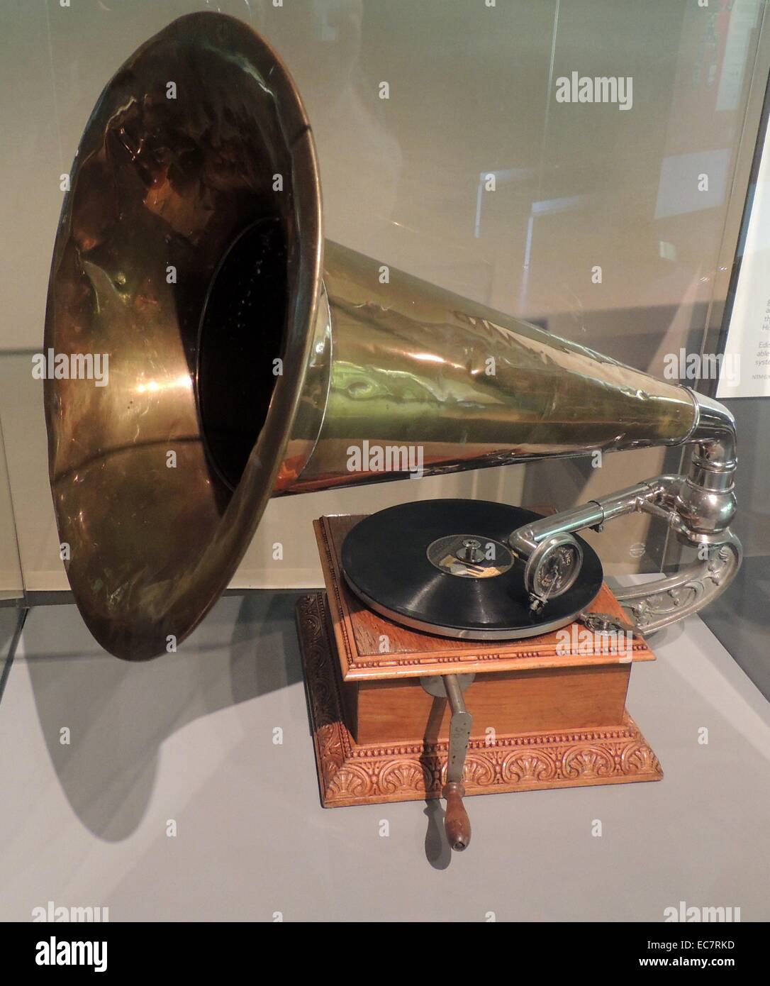 The Berliner Gramophone Used for Cinema Sound.  The gramophone was owned by the Norwegian film pioneer and cinema director, Hugo Hermansen.  Gramophones were used in the earliest cinemas to accompany silent films. Stock Photo