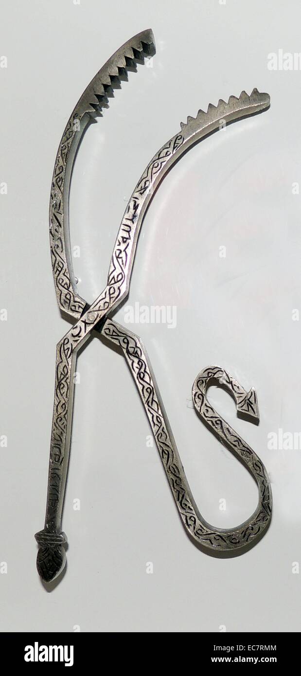 Delicate instruments were developed by al-Zahrawi and others for eye surgery including scalpels, cauteries, retractors, speculums and scissors.  The scissors created for eye surgery were amongst the first scissors used anywhere in the world.  The scalpels invented by early Islamic surgeons compare in quality with the instruments used today. Stock Photo