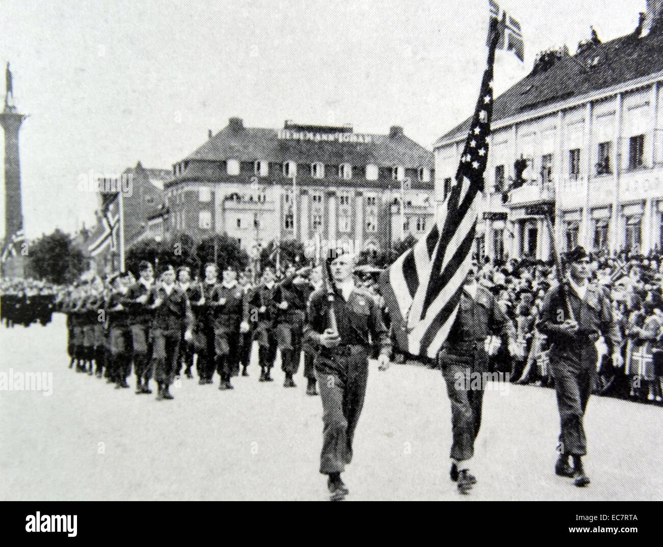 American soldiers march in Oslo, to celebrate the liberation of Norway