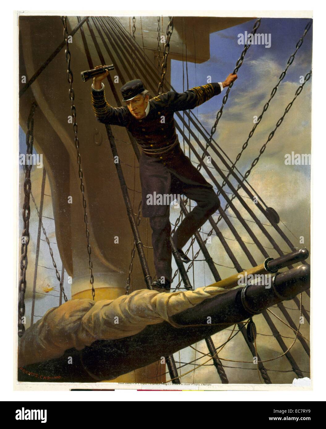 Admiral David Farragut lashed to upper mast; holding spyglass; during Battle of Mobil Bay; Jan. 1864. Stock Photo