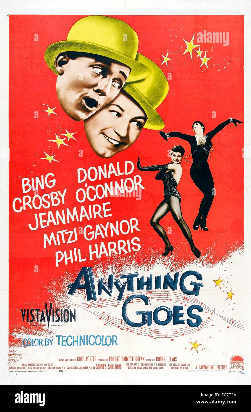 Anything Goes is a 1956 American musical film directed by Robert Lewis and starring Bing Crosby and Donald O'Connor. Adapted from the 1934 stage play Anything Goes by Cole Porter, Guy Bolton, and P.G. Wodehouse, the film is about two entertainers scheduled to appear in a Broadway show together who travel to Paris, where each discovers the perfect leading lady for the female role. On the return voyage the Atlantic becomes a stormy crossing when each man must tell his discovery that she might not get the role. Stock Photo