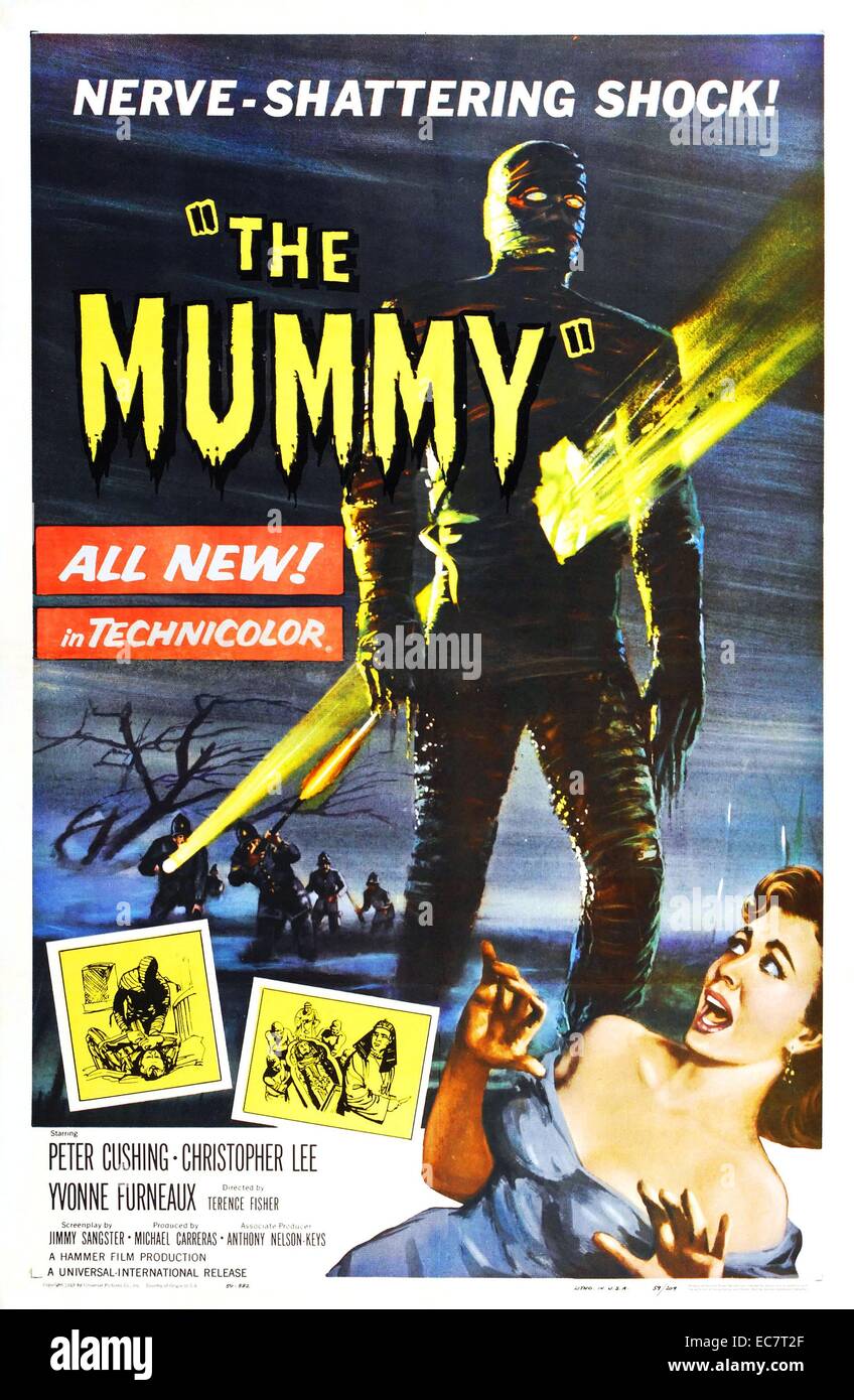 The Mummy is a 1959 British horror film, directed by Terence Fisher and starring Christopher Lee and Peter Cushing. It was written by Jimmy Sangster and produced by Michael Carreras and Anthony Nelson Keys for Hammer Film Productions. Though the title suggests similarities with Universal Pictures' 1932 film of the same name, the film actually derives its plot and characters entirely from two later Universal films. Stock Photo
