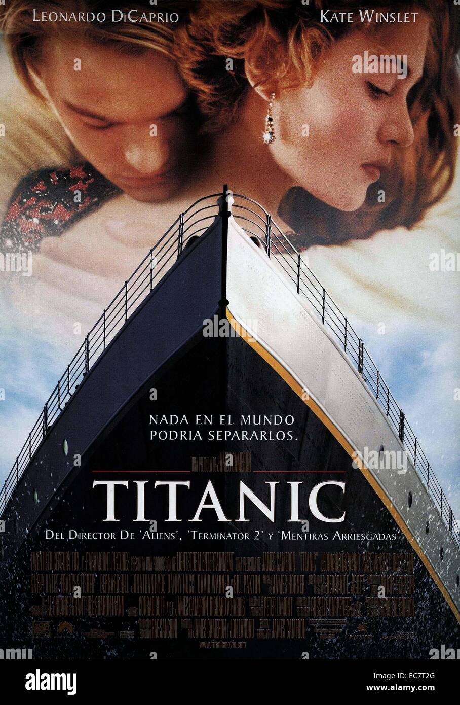 Titanic is a 1997 American epic romantic disaster film directed, written, co-produced, co-edited and partly financed by James Cameron. A fictionalized account of the sinking of the RMS Titanic, it stars Leonardo DiCaprio and Kate Winslet as members of different social classes who fall in love aboard the ship during its ill-fated maiden voyage. Stock Photo