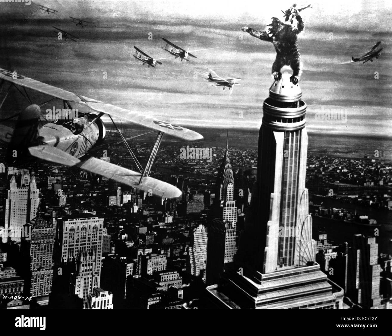 King Kong is a 1933 American fantasy monster/adventure film. It stars Fay Wray, Bruce Cabot and Robert Armstrong, and opened in New York City on March 2, 1933 to rave reviews. The film tells of a gigantic, island-dwelling ape called Kong who dies in an attempt to possess a beautiful young woman. Kong is distinguished for its stop-motion animation by Willis O'Brien and its musical score by Max Steiner. King Kong is often cited as one of the most iconic movies in the history of cinema. Stock Photo