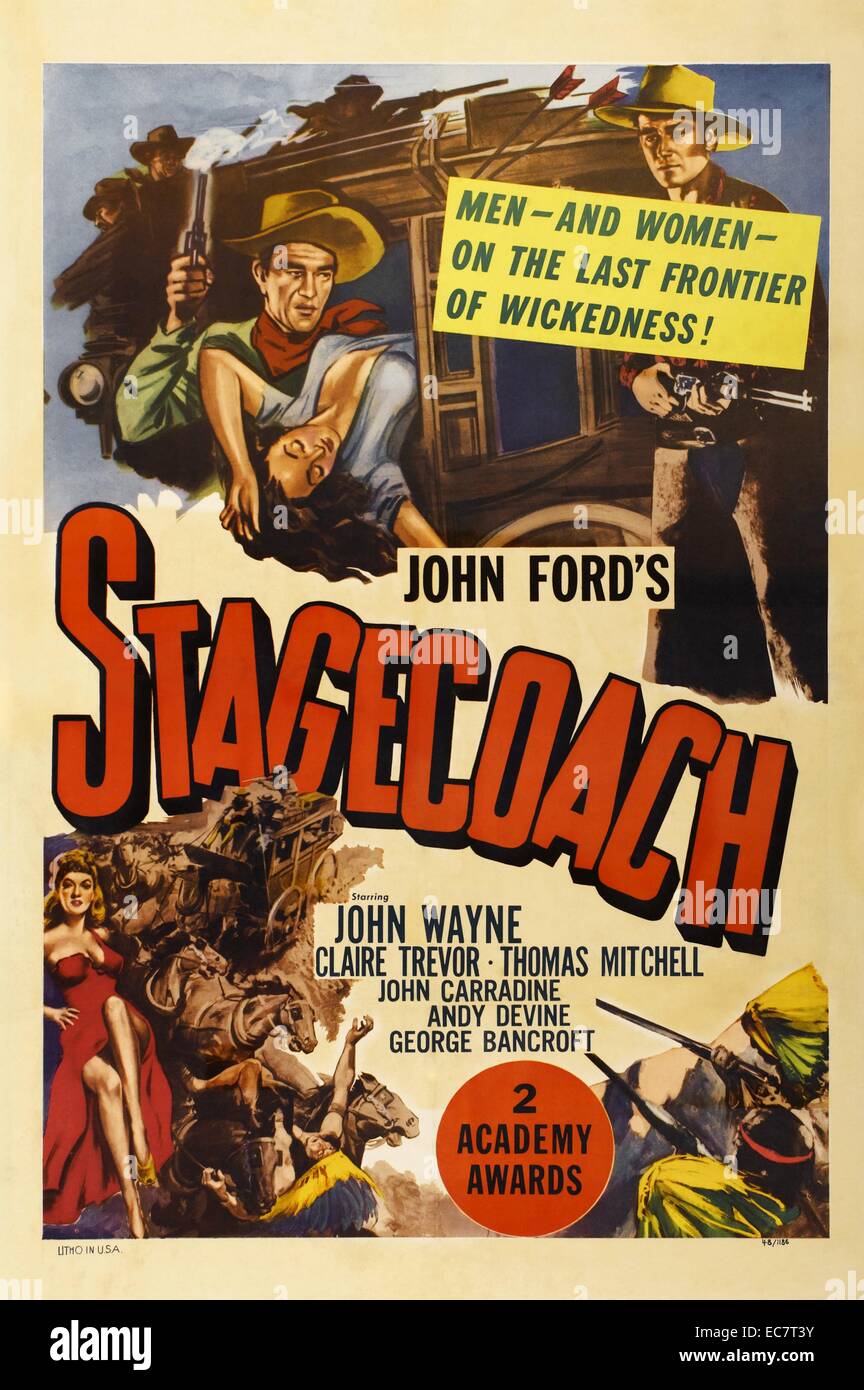 Stagecoach is a 1939 American Western film directed by John Ford, starring Claire Trevor and John Wayne in his breakthrough role. The screenplay, written by Dudley Nichols and Ben Hecht, is an adaptation of 'The Stage to Lordsburg', a 1937 short story by Ernest Haycox. The film follows a group of strangers riding on a stagecoach through dangerous Apache territory. Stock Photo