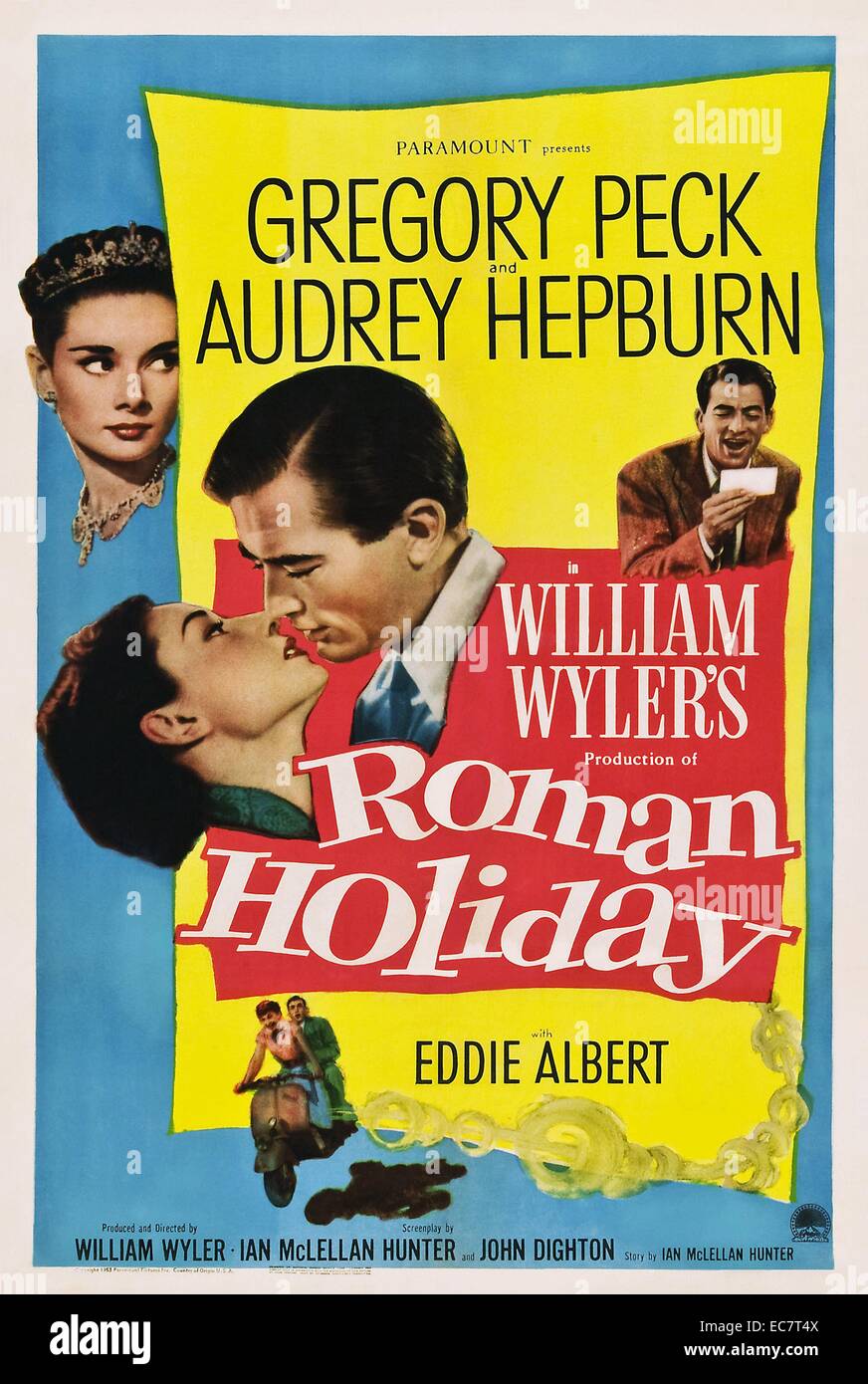 Roman Holiday is a 1953 romantic comedy directed and produced by William Wyler. It stars Gregory Peck as a reporter and Audrey Hepburn as a royal princess out to see Rome on her own. Stock Photo