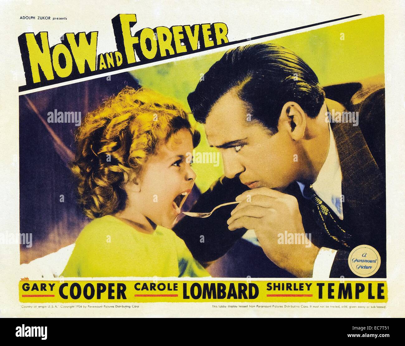 Now and Forever is a 1934 American drama film directed by Henry Hathaway. The screenplay by Vincent Lawrence and Sylvia Thalberg was based on a story by Jack Kirkland and Melville Baker. The film stars Gary Cooper, Carole Lombard, and Shirley Temple in a story about a criminal going straight for his child's sake Stock Photo