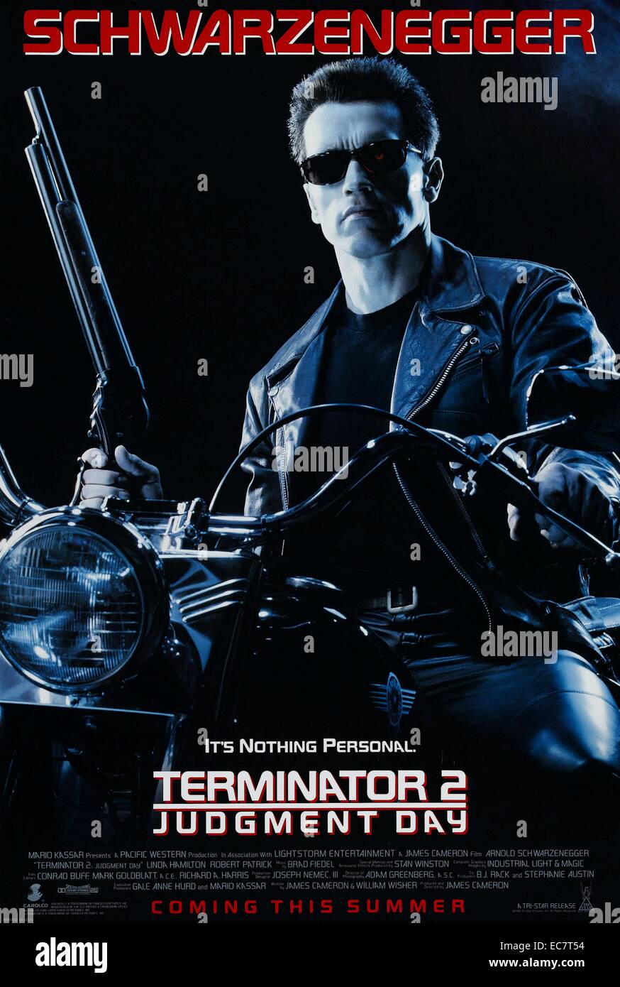 Terminator 2: Judgment Day is a 1991 American science fiction film written, produced and directed by James Cameron. The film stars Arnold Schwarzenegger, Linda Hamilton, Robert Patrick and Edward Furlong. It is the second installment of the Terminator franchise and the sequel to the 1984 film The Terminator. It follows Sarah Connor and her ten-year-old son John as they are pursued by a new, more advanced Terminator, the liquid metal, shapeshifting T-1000. Stock Photo