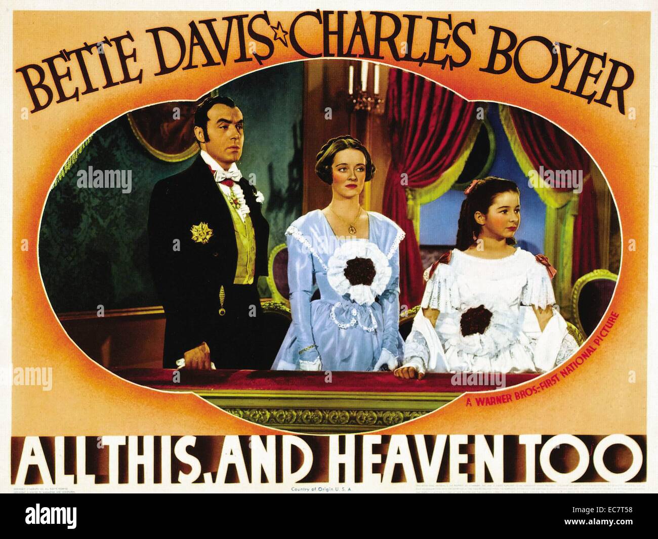 All This, and Heaven Too is a 1940 American drama film produced and directed by Anatole Litvak. The film stars Bette Davis and Charles Boyer and was based on a novel by Rachel Field. Her novel was in turn based on the true story of Field's great-aunt, Henriette Deluzy Desportes, a French governess who fell in love with the Duc de Praslin, her employer. When Praslin's wife, the Duchesse, was murdered, Henriette was implicated. Stock Photo