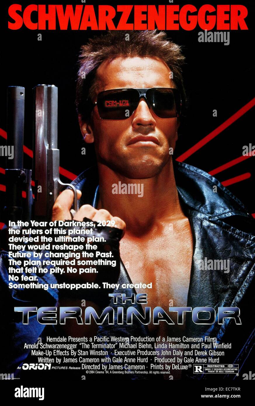The Terminator is a 1984 American science fiction action film directed by James Cameron, written by Cameron and the film's producer Gale Anne Hurd, and starring Arnold Schwarzenegger, Michael Biehn, Linda Hamilton and Paul Winfield. The film tells the story of the Terminator, a cyborg assassin sent back in time from the year 2029 to 1984 to kill Sarah Connor. Stock Photo
