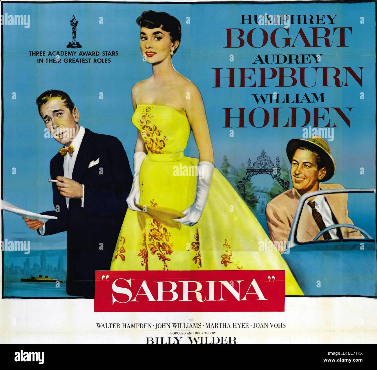 Sabrina (Sabrina Fair in the United Kingdom) is a 1954 American romantic comedy film directed by Billy Wilder and adapted from Samuel A. Taylor's play Sabrina Fair. It stars Humphrey Bogart, Audrey Hepburn, and William Holden. This was Wilder's last film released by Paramount Pictures, ending a 12-year business relationship with Wilder and the company. Stock Photo