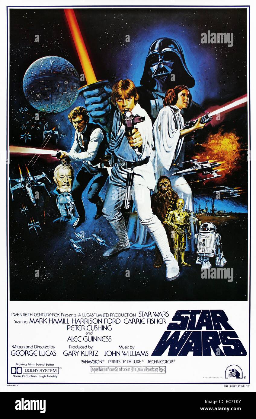 Star Wars (later retitled Star Wars Episode IV: A New Hope) is a 1977 American epic space opera film written and directed by George Lucas. The film stars Mark Hamill, Harrison Ford, Carrie Fisher, Peter Cushing, and Alec Guinness. It is the third-highest grossing film in the world when figures are adjusted to modern-day inflation. Stock Photo