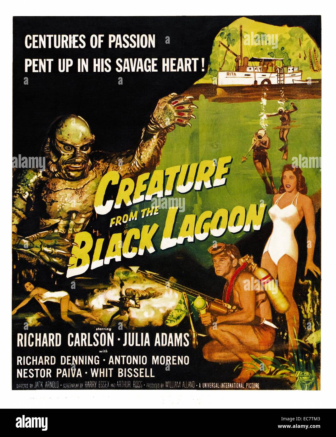 Creature from the Black Lagoon is a 1954 monster horror 3-D film in black-and-white, directed by Jack Arnold and starring Richard Carlson, Julia Adams, Richard Denning, Antonio Moreno and Whit Bissell. The Creature was played by Ben Chapman on land and by Ricou Browning underwater. Stock Photo