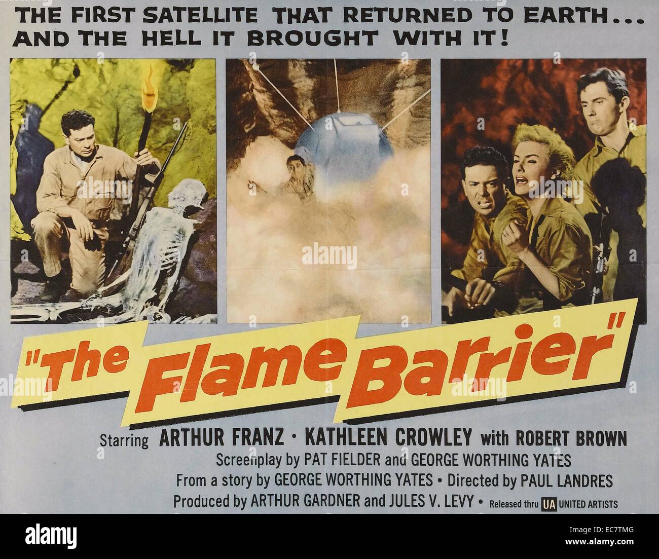 The Flame Barrier is a 1958 American Sci-fi film directed by Paul Landres and starring Arthur Franz and Kathleen Crowley. It tells the story of a woman searching for her husband who is lost in the Yucatan jungle. Stock Photo