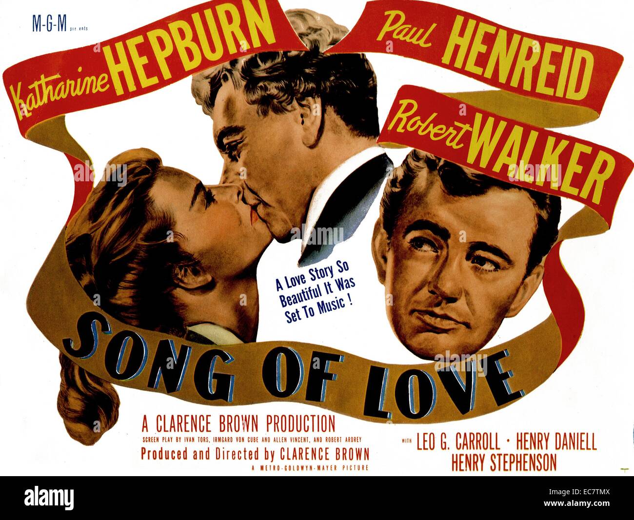Song of Love, 1947, is a biopic starring Katharine Hepburn, Paul Henreid, Robert Walker, and Leo G. Carroll and directed by Clarence Brown. The film was based on a play by Bernard Schubert and Mario Silva. Stock Photo