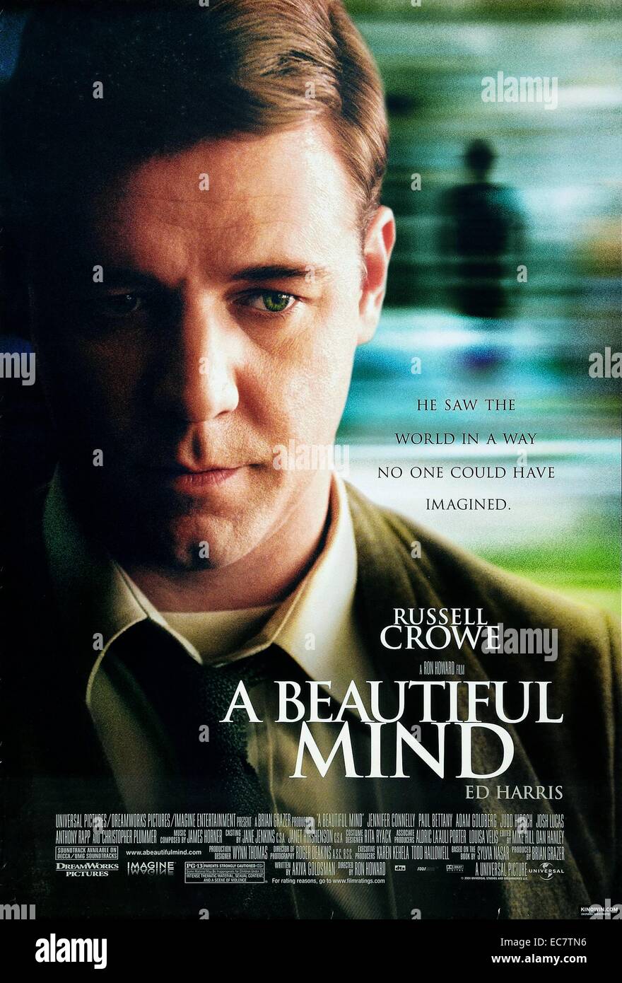 A Beautiful Mind is a 2001 American biographical drama film based on the life of John Nash, a Nobel Laureate in Economics. The film was directed by Ron Howard and was inspired by a bestselling, Pulitzer Prize-nominated 1998 book of the same name by Sylvia Nasar. The film stars Russell Crowe, along with Ed Harris and Jennifer Connelly. Stock Photo