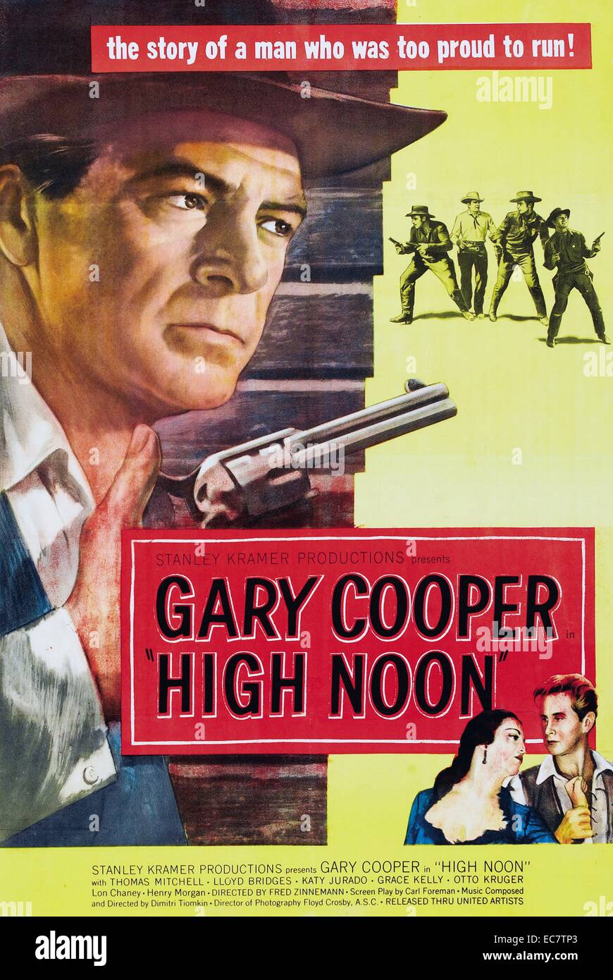 High Noon is a 1952 American Western film directed by Fred Zinnemann and starring Gary Cooper and Grace Kelly. In nearly real time, the film tells the story of a town marshal forced to face a gang of killers by himself. Stock Photo