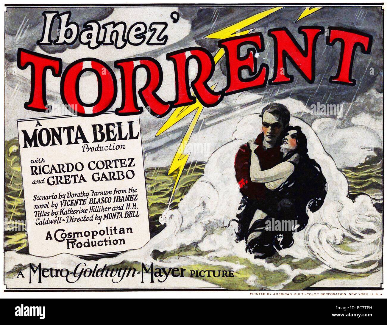 Torrent, 1926, is an American silent romantic drama film directed by Monta Bell and based on a novel by Vicente Blasco Ibáñez. Torrent was the first American film starring Swedish actress Greta Garbo. The film also starred Ricardo Cortez and Martha Mattox. Stock Photo