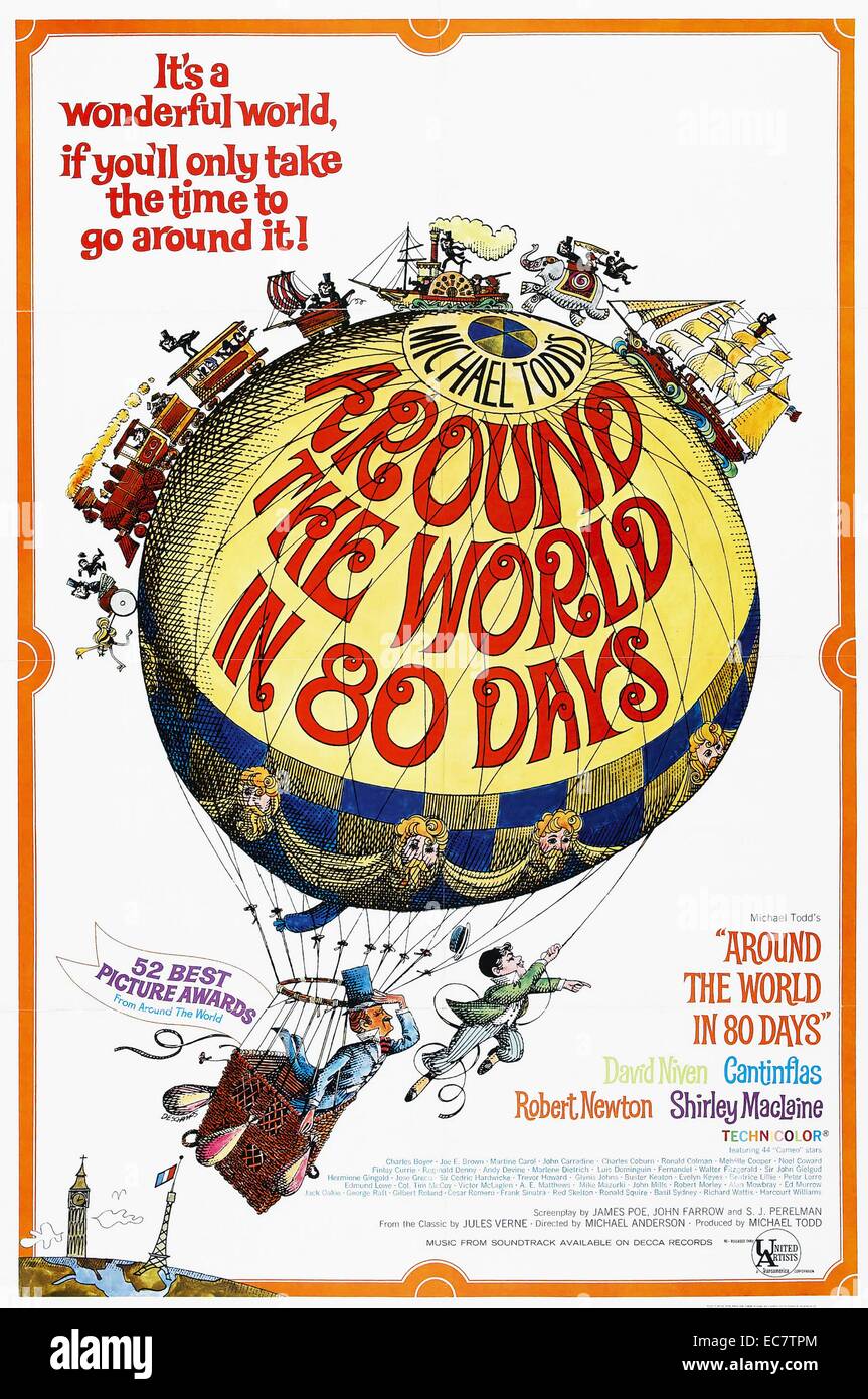 Around the World in 80 Days is a 1956 adventure comedy film starring David Niven and Cantinflas. The epic picture was directed by Michael Anderson and was based on the classic novel of the same name by Jules Verne. It won several awards. Stock Photo