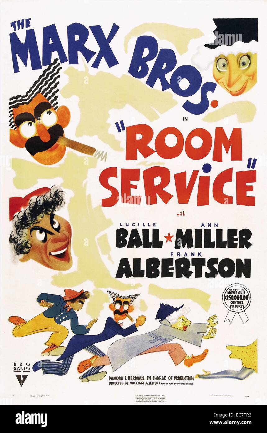 Room Service is a 1938  film comedy starring the Marx Brothers and based on the 1937 play of the same name by Allen Boretz and John Murray. It co-stars Lucille Ball, Ann Miller, Alexander Asro, and Frank Albertson. Stock Photo