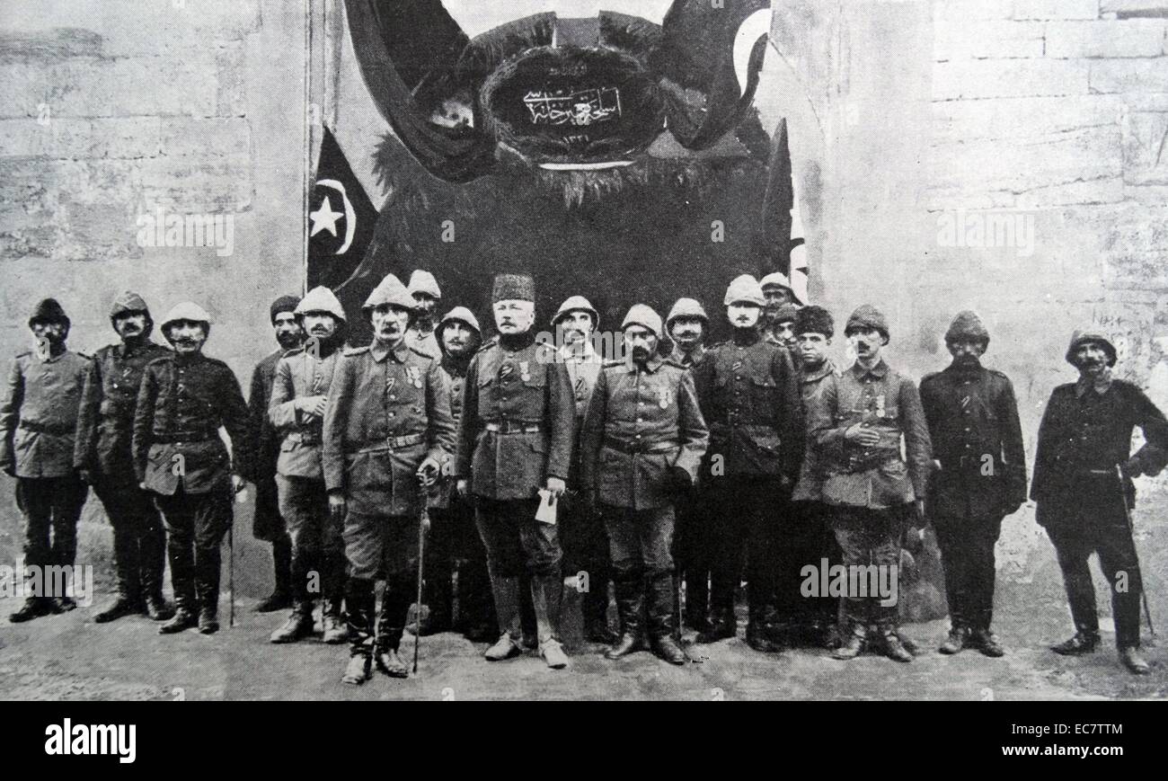 Ahmed Djemal Pasha (1872 – 21 July 1922);   Ottoman military leader and one-third of the military triumvirate known as the Three Pashas that ruled the Ottoman Empire during World War I. Seen in this group outside the  German Krupp's armaments factory in Istanbul Stock Photo