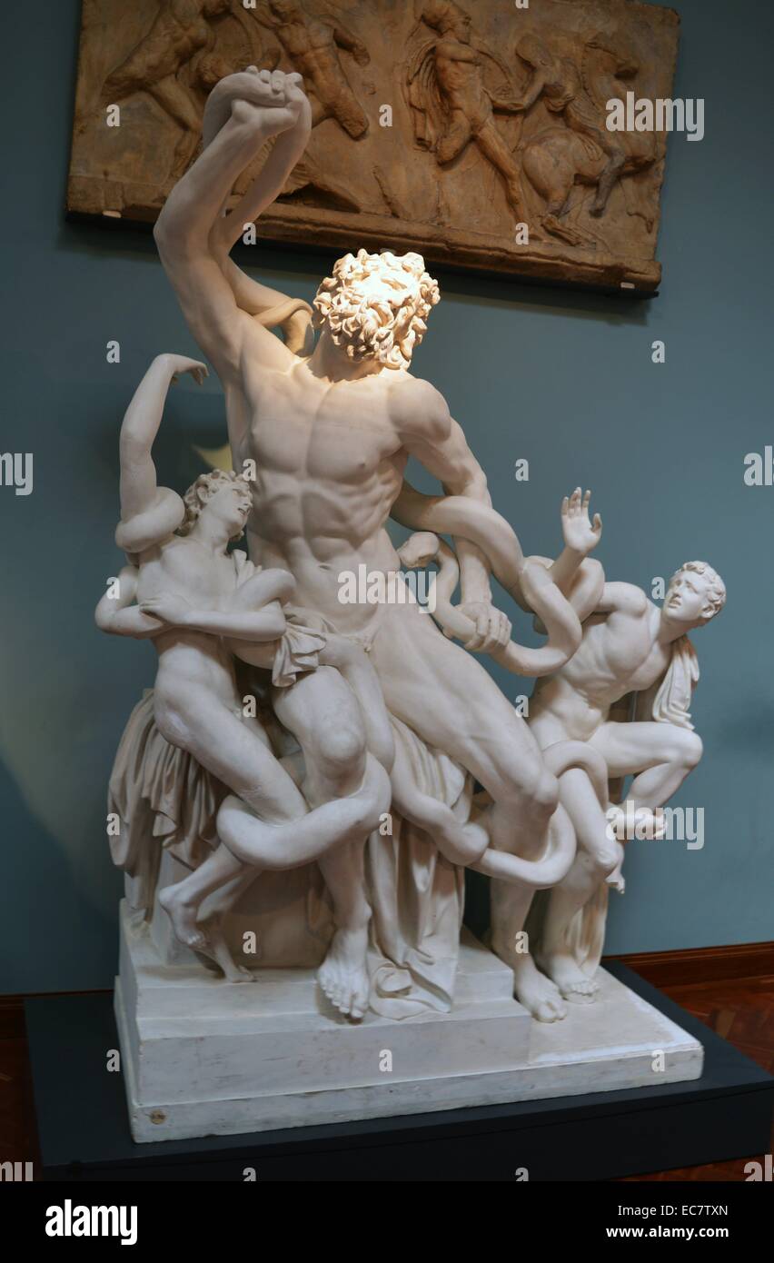 Laocoon, from Rome, c. 50-20 BC.  The Trojan priest and his sons struggle with two flesh-eating snakes that had been sent as a divine punishment for the priests' crimes.  The group was found in Rome in 1506 and is perhaps the single best known sculpture from antiquity. Stock Photo