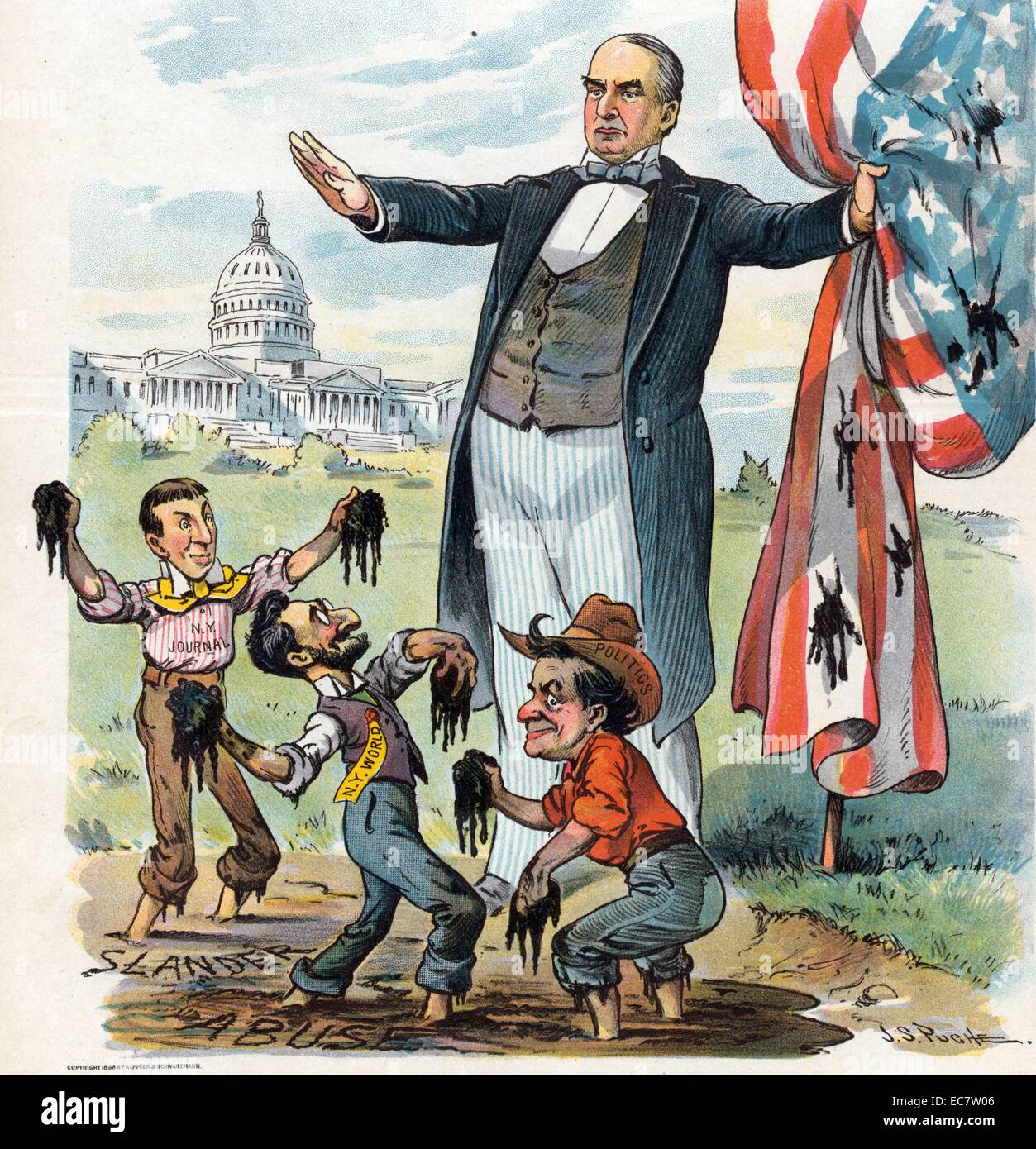 Anything for a scandal' President William McKinley (1843-1901) standing at the edge of a mudhole labelled 'Slander' and 'Abuse', holding a mud-splattered American flag in his left hand. Three figures are throwing mud, they are William Jennings Bryan, Joseph Pulitzer labelled 'N.Y. World', and William Randolph Hearst labelled 'N.Y. Journal'. The U.S. Capitol is in the background. Stock Photo