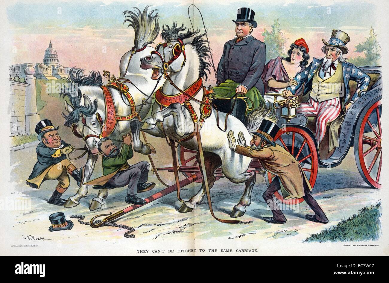 They can't be hitched to the same carriage' President William McKinley (1843-1901) at the reins of a carriage labelled 'Administration' carrying Uncle Sam and Columbia; three men labelled 'Hanna, Lodge, [and] Dingley' are having difficulty harnessing two unruly horses labelled 'Expansion' and 'Protection' to the carriage. Stock Photo