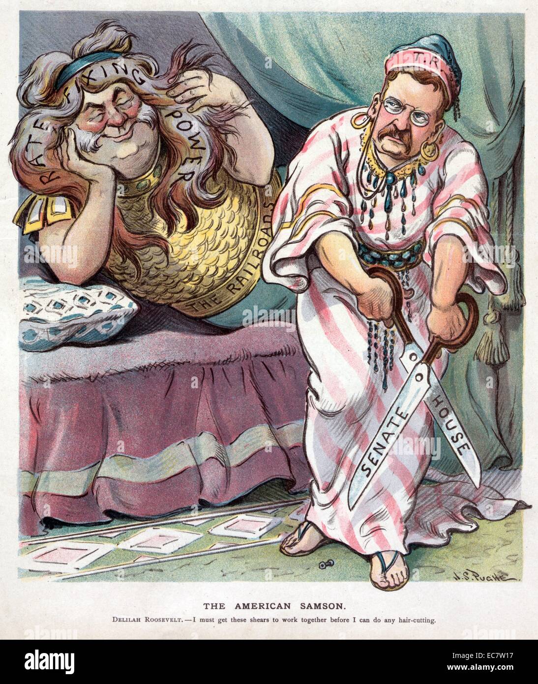 The American Samson ' Theodore Roosevelt as Delilah with a broken pair of shears, one side labelled 'Senate' and the other labelled 'House'; behind, reclining on a bed is 'Samson', a long-haired old man labelled 'The Railroads', his hair labelled 'Rate Fixing Power'; he appears to be asleep, having pleasant 'Rate Fixing' dreams, caressing his long locks with his left hand. Stock Photo