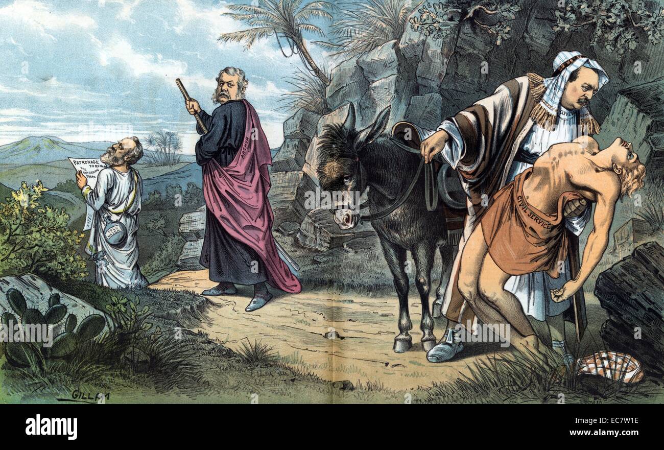 The good Samaritan' Rutherford B. Hayes, Chester A. Arthur, and Grover Cleveland as pilgrims on a journey through rugged Middle Eastern landscape; Hayes is holding a paper that states 'Patronage to Reward - The Returning Board' and carrying a canteen of 'Cold Water', behind him is Arthur who is looking back at Cleveland, with a donkey, who has stopped to help a man labelled 'Civil Service' who has fainted from lack of water. Stock Photo