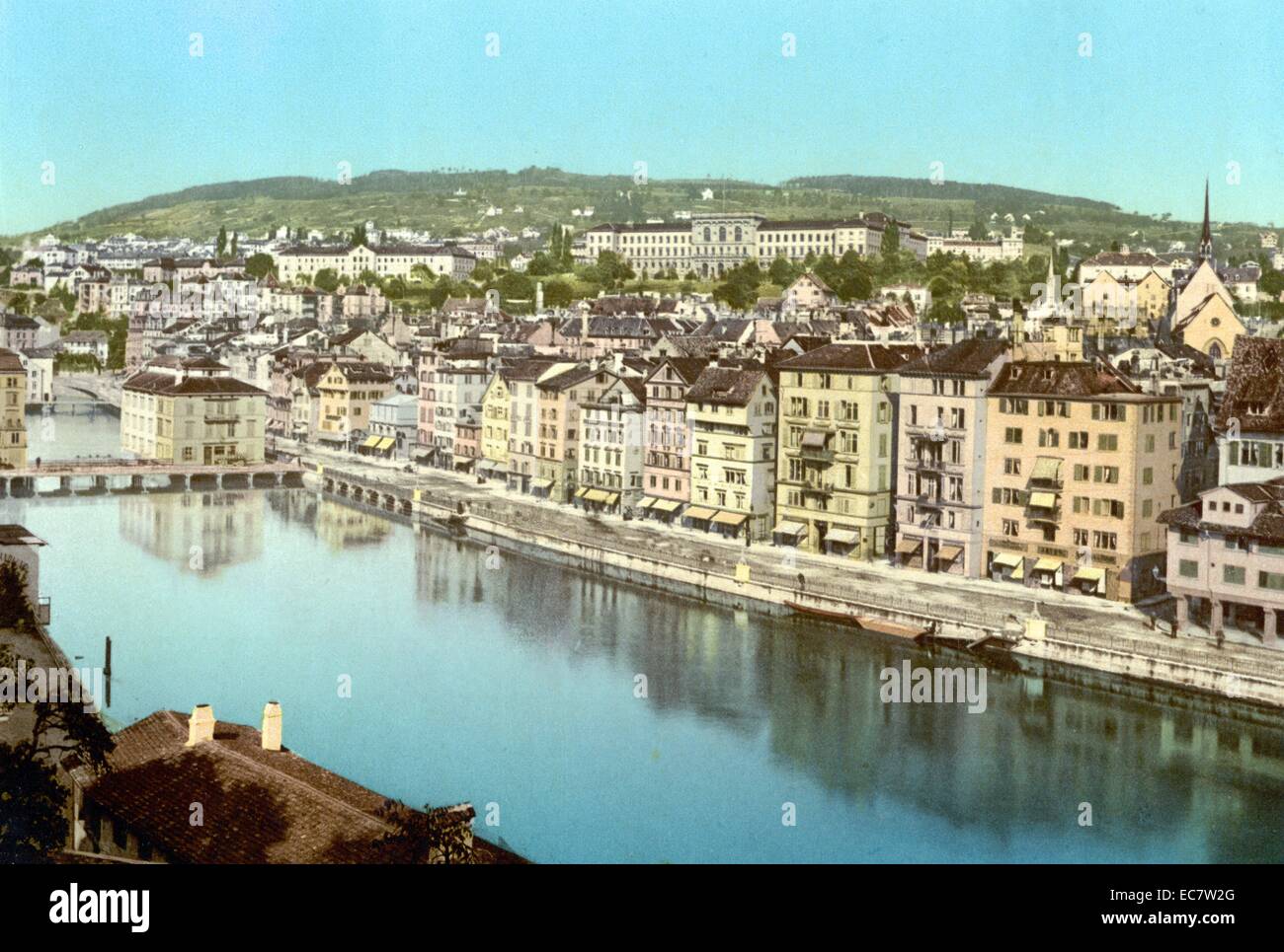 Early colour photograph of a river scene in Zurich, Switzerland. Shot between 1890 and 1900. Stock Photo