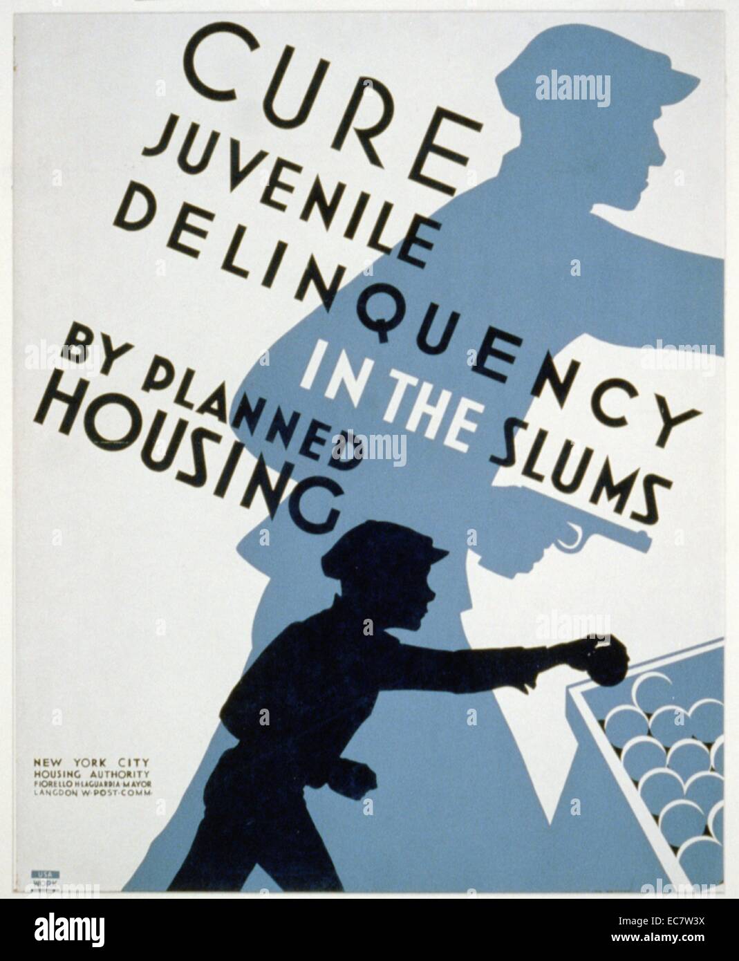 depression era, poster (American) advocating planned housing as a measure to reduce (cure) delinquency. Stock Photo