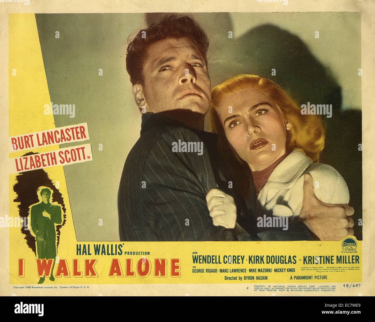 I Walk Alone is a 1948 film noir directed by Byron Haskin, his directorial debut, and starring Burt Lancaster, Lizabeth Scott, and Kirk Douglas. It tells the story of two rum-running partners during Prohibition and the fall out that followed their actions. Stock Photo