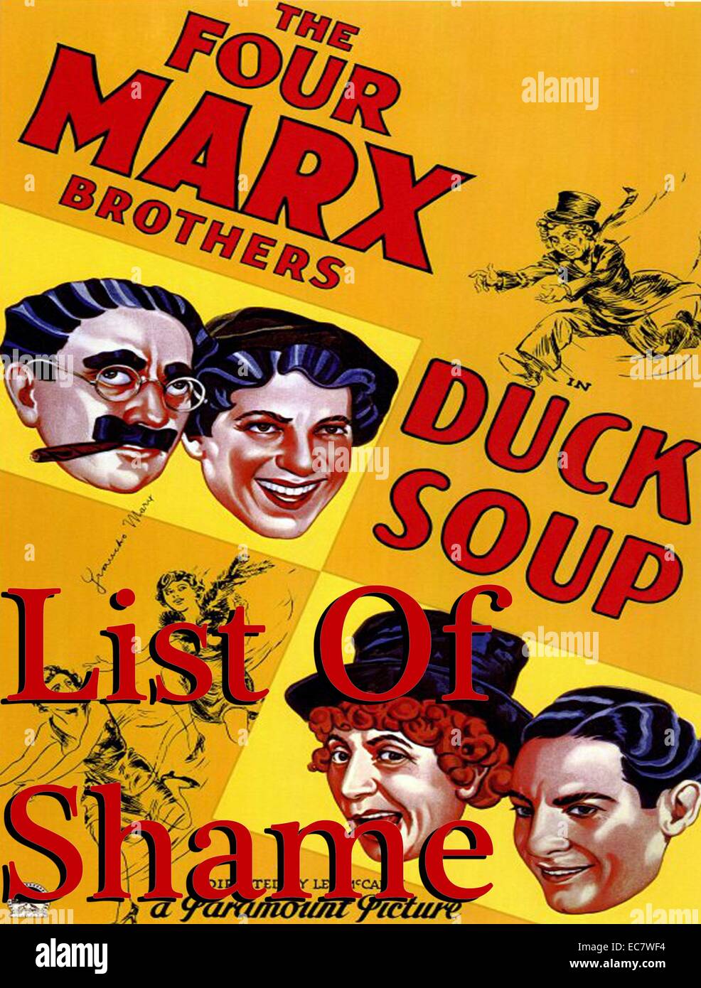 Duck Soup is a 1933 Marx Brothers anarchic comedy film written by Bert Kalmar and Harry Ruby and directed by Leo McCarey. It starred what were then billed as the 'Four Marx Brothers' (Groucho, Harpo, Chico, and Zeppo) and also featured Margaret Dumont and Edgar Kennedy. It was the last Marx Brothers film to feature Zeppo, and the last of five Marx Brothers movies released by Paramount Stock Photo