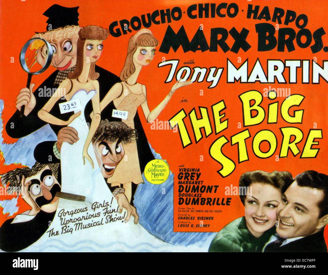 The Big Store, 1941, is a Marx Brothers comedy film in which Groucho, Chico and Harpo work to save the Phelps Department Store, owned by Martha Phelps (Margaret Dumont). Groucho plays detective Wolf J. Flywheel, a character name originating from the Marx-Perrin radio show Flywheel, Shyster, and Flywheel in the early 1930s. Stock Photo