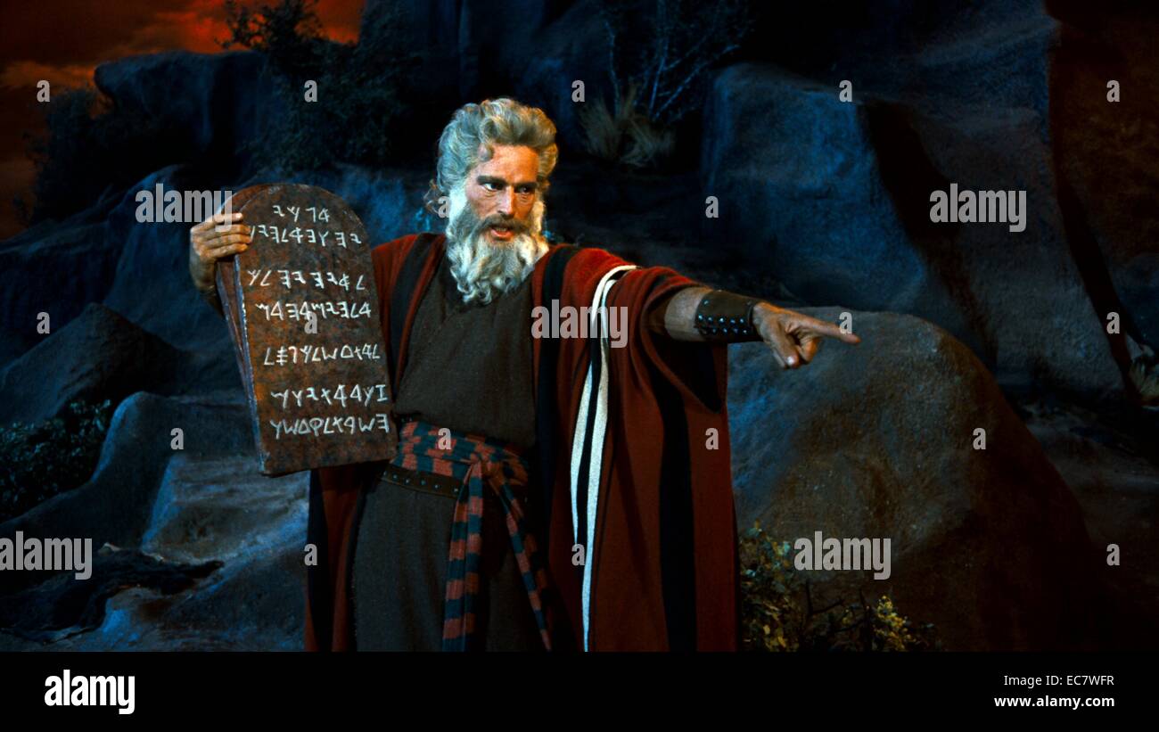 The Ten Commandments is a 1956 American religious epic film. It dramatizes the biblical story of the life of Moses, an adopted Egyptian prince who becomes the deliverer of his real brethren, the enslaved Hebrews, and therefore leads the Exodus to Mount Sinai, where he receives, from God, the Ten Commandments. It stars Charlton Heston, Yul Brynner, Anne Baxter, and John Derek. Stock Photo